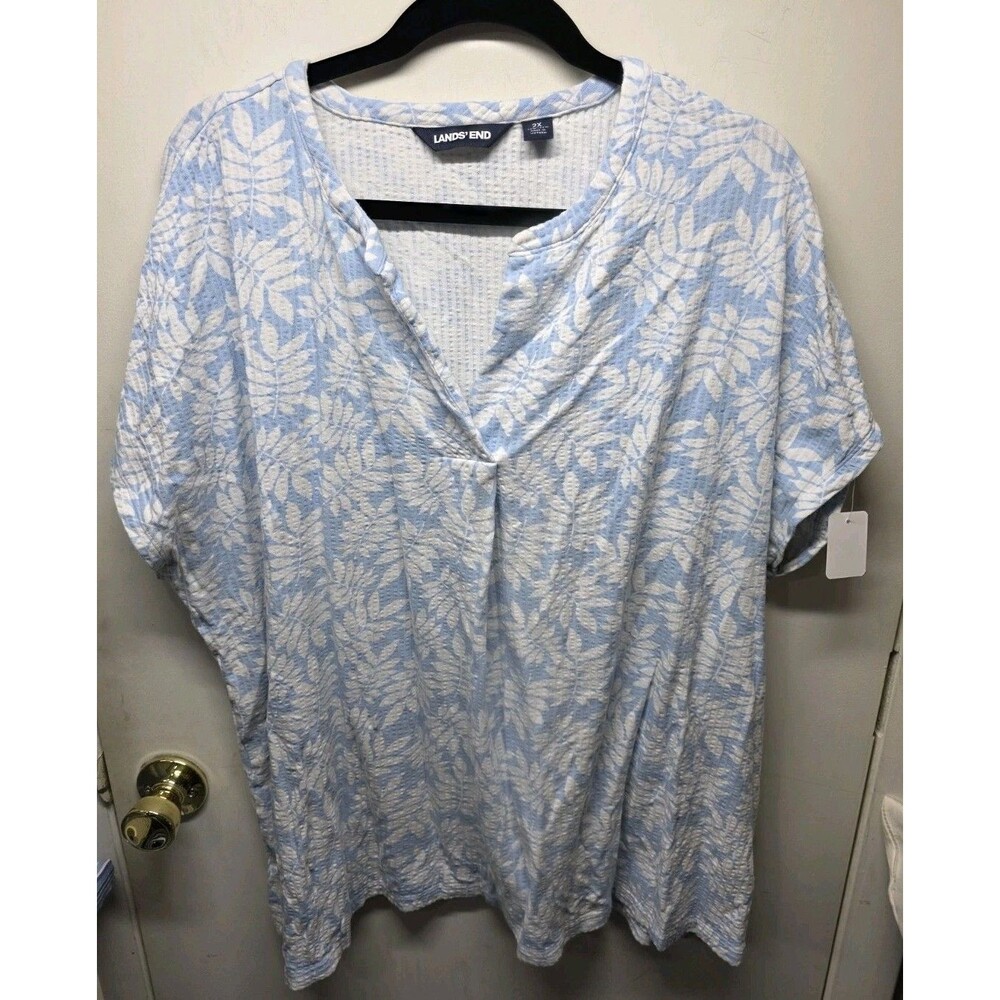 Lands' End Floral V-Neck Blouse Blue Plus Size 2X 20W/22W